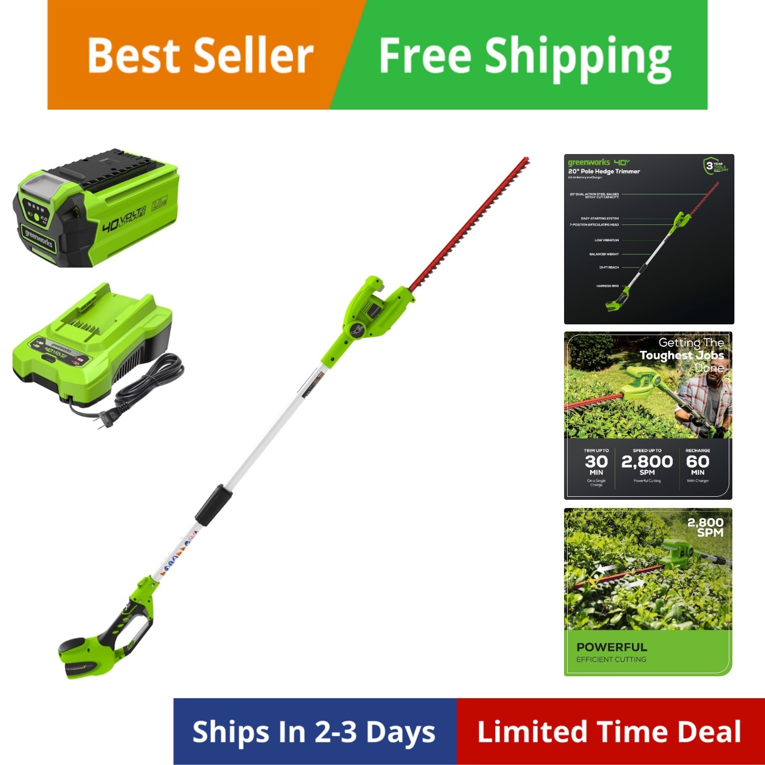 40V 20" Cordless Pole Hedge Trimmer, 2.0Ah Battery and Charg