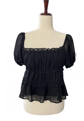ASTR The Label Bubble Sleeve Top Black Cropped Ruffle  Square Neck Medium
