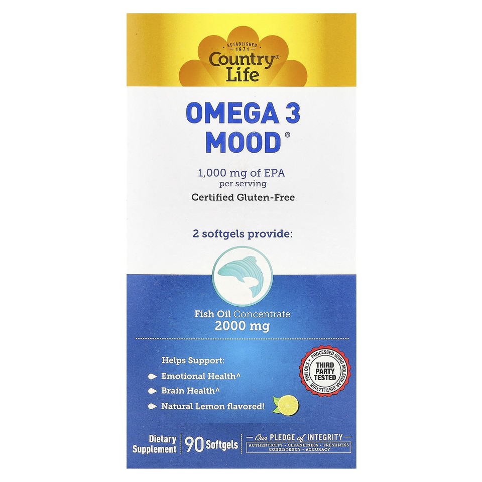 Country Life Omega 3 Mood Natural Lemon Flavored 90 Softgels Gluten-Free, GMP