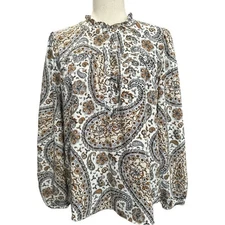 Loft Outlet Gray Cream Paisley Ruffle Neck Top Size S