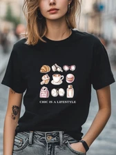 Chic Lifestyle Graphic T-Shirt Fashion Icons Coffee Pastries Trendy Casual Tee