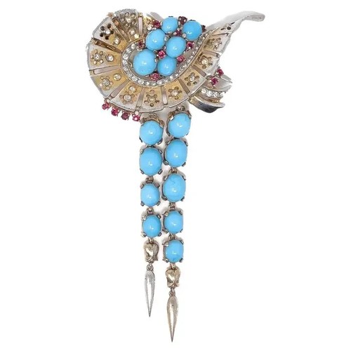 Cabochon Türkis & Labor Rubin Cocktail Hänger Brosche 925 Feinsilber Party Schmuck