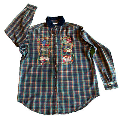 Casey & Max Fall Button Up Shirt Womens Small Plaid Embroidered Corduroy Collar