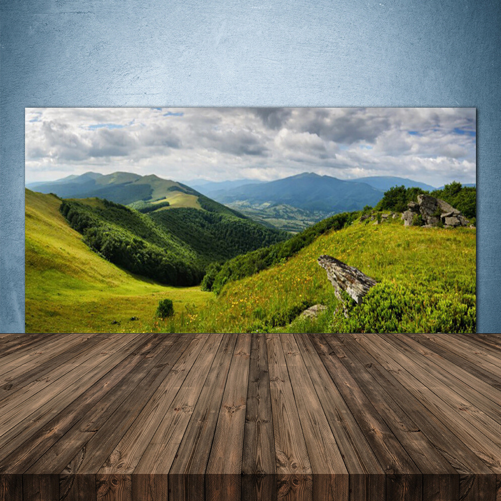 Crédence de cuisine en verre 140x70 cm motif paysage de montagne et prairie