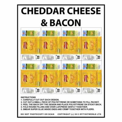 Puppenstube Miniatur Verpackung Bogen mit 8 Spaziergängern Käse & Speck Chips
