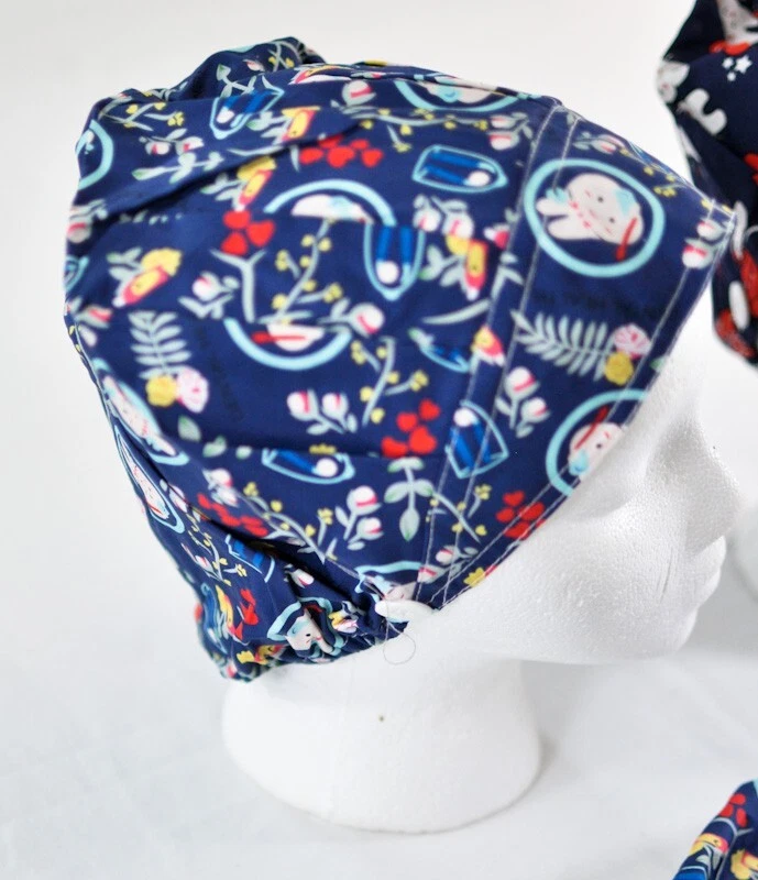 women's lot of 3 bright dentist office caps one size buttons for masks elastic - Image 4 of 4