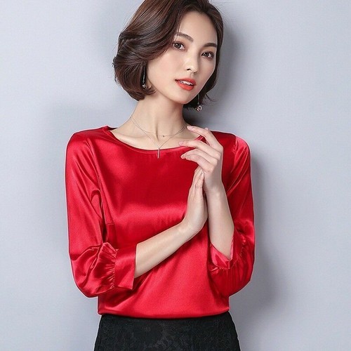Ladies Satin Silky Shirts Retro 3/4 Sleeve Shiny Blouse Pullover Tops OL Formal - Picture 21 of 24
