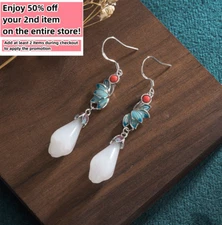 Bohemian Jade Drop Earrings Cloisonné Gemstone Dangle Hook 18K White Gold Plated