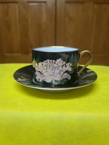 Fitz And Floyd Cloisonne Peony Black Cup And Saucer Set. Japan 1975. Brand New