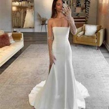 Simple A-Line White Satin Pearls Mermaid Wedding Dresses Strapless Bridal Gowns