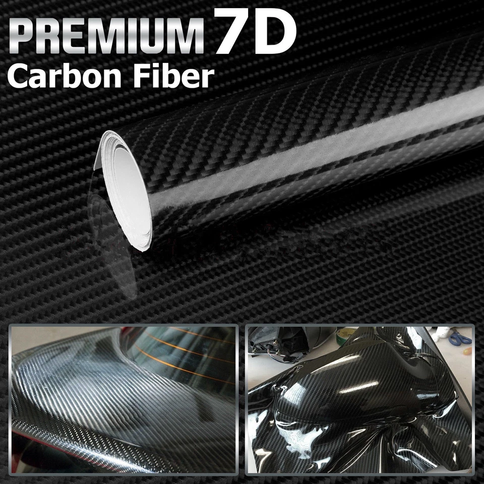 7D Ultra Gloss Glossy Black Carbon Fiber Vinyl Wrap Sticker Decal 12x60" US Ship Foto 3 de 4