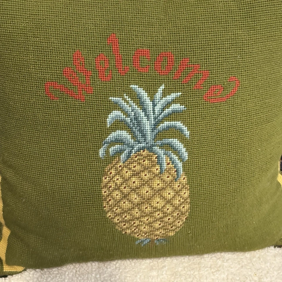 Needlepoint Pillow Welcome Pineapple Tapestry Back 17x17 - Image 3 of 4