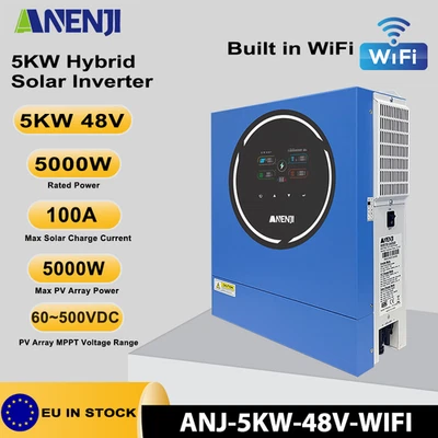 ANENJI 5KW 48V Hybrid Solar Inverter On Grid Off Grid MPPT 100A 220VAC/230VAC 500V WIFI
