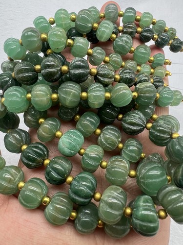 Natural Green Aventurine Carved Pumpkin Beads Strand Round Melon Shape Gemstone