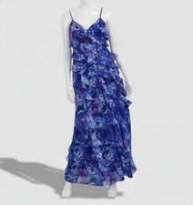 Eliza J Women's Blue Printed Ruffle Trim Sleeveless Maxi Dress Size 6