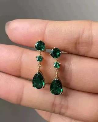 3Ct Pear Cut Simulated Emerald Drop Dangle Earring 14K Yellow Gold Plated