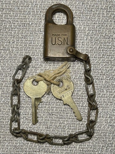 WWII U.S. Navy Yale Brass Push Key Padlock With Original Key USN Lock