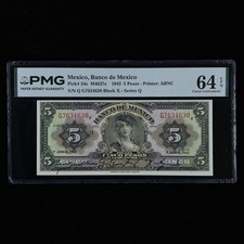 Mexique 1943 Banco de Mexico 5 Pesos Pick#34e PMG 64 EPQ au choix UNC