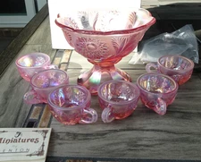 Fenton Pink Carnival Glass Hobstar Miniature Mini Child Punch Set 6 Cups 6800DZ