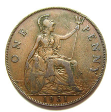 1931 George V ONE PENNY, Bare Head Bronze Coin