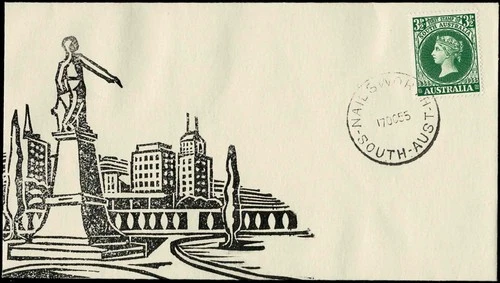 Australia Jack Peake 1955 Woodblock FDC Centenary of SA first Postage Stamp.