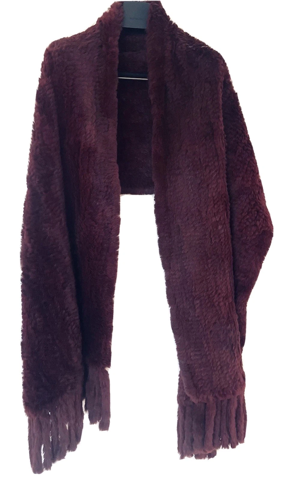 Stunning Luxury Extra Large Burgundy Rabbit Fur Fringed Shawl Wrap L244 x W58cm