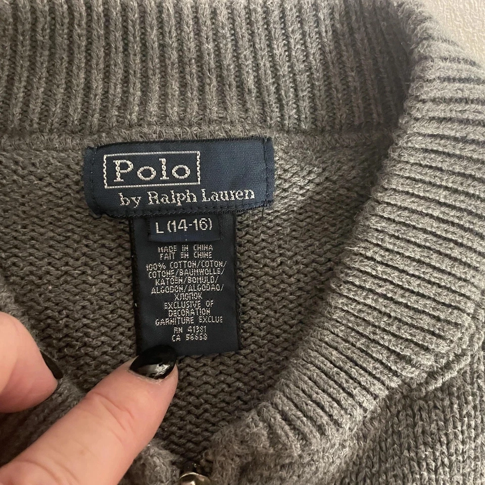 Y2K Polo Ralph Lauren Cardigan Boys Large 14-16 Gray Full Zip Big Pony 3 Logo - Image 4 of 4