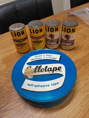 5 x Vintage Dosen Löwenmarke Muskat Zimt & Sellotape Display Sammler