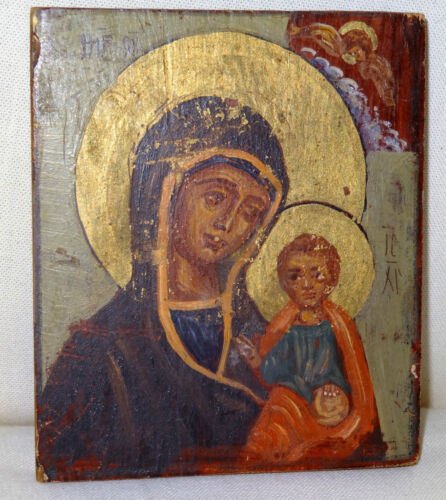 ancienne icône orthodoxe Vierge à l'enfant peinture doré or sur bois - Afbeelding 1 van 5