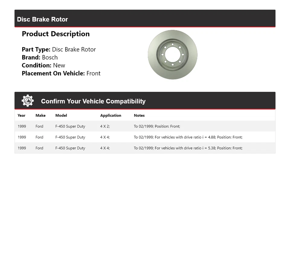 For 1999 Ford F-450 Super Duty Bosch QuietCast Disc Brake Rotor Front - Image 2 of 4