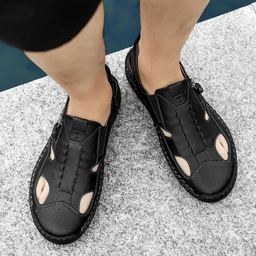 Sandálias masculinas confortáveis respiráveis chinelos de praia planos tênis clássicos feitos à mão - Foto 19 de 26