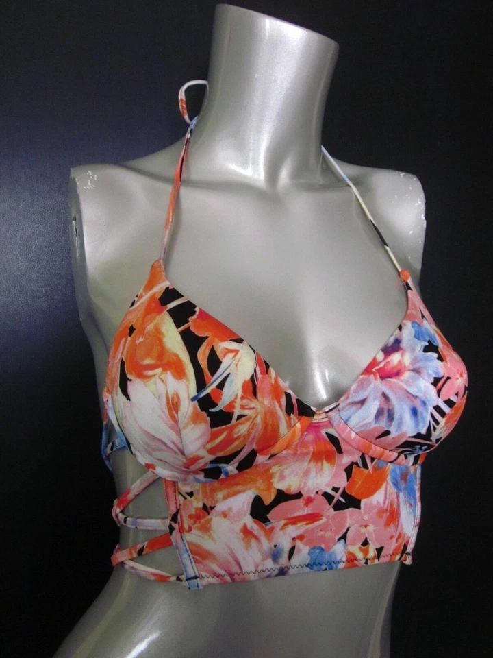 Nuevo con etiquetas Top de Bikini Victorias Secret Negro Floral Tirantes Línea Larga Halter S Foto 3 de 4