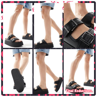SALE DAMEN SCHWARZ UK GRÖßEN 4 7 DOPPELRIEMEN SCHNALLE FUSSBETT GROBE PLATEAU SLIDER