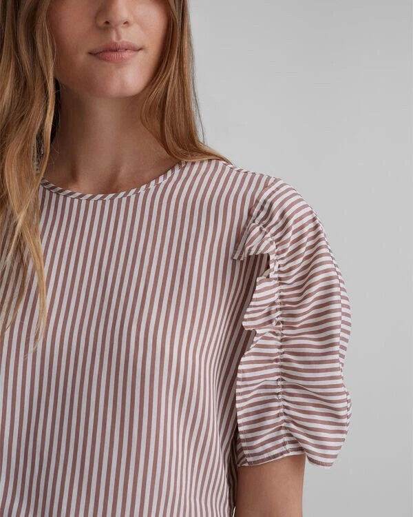 Club Monaco Cropped Ruffle Listrado Top Preppy Carreira Traje de Negócios Dinheiro Antigo - Imagem 3 de 4