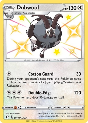 dubwool v pokemon card value SV120/SV122 - Shining Fates 2021 Ultra Rare - Ability — Soft Wool This Pokemon takes 30 less damage from attacks (after applying Weakness and Resistance) Dubwool V (Full Art) 188/192