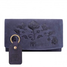 Damen Vintage Leder Geldb&ouml;rse + Schl&uuml;sselanh&auml;nger marineblau GeschenksetZUP-104-