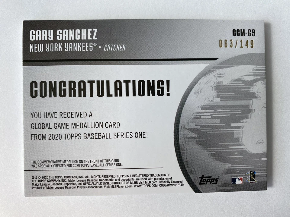2020 Topps Gary Sanchez /149 Black Global Game Medallion Baltimore Orioles🔥🔥🔥 - Image 4 of 4