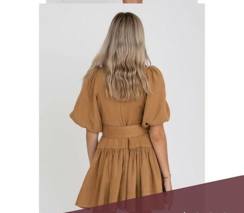 Shona Joy Mini Dress Size AU 8 US 4 Gaia Linen Puff Sleeve Drop Waist Belted Tan - Picture 3 of 13