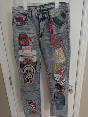 Reason Brand Patchwork Embroidery Multi Patched Light Wash Denim Jeans - Size 34