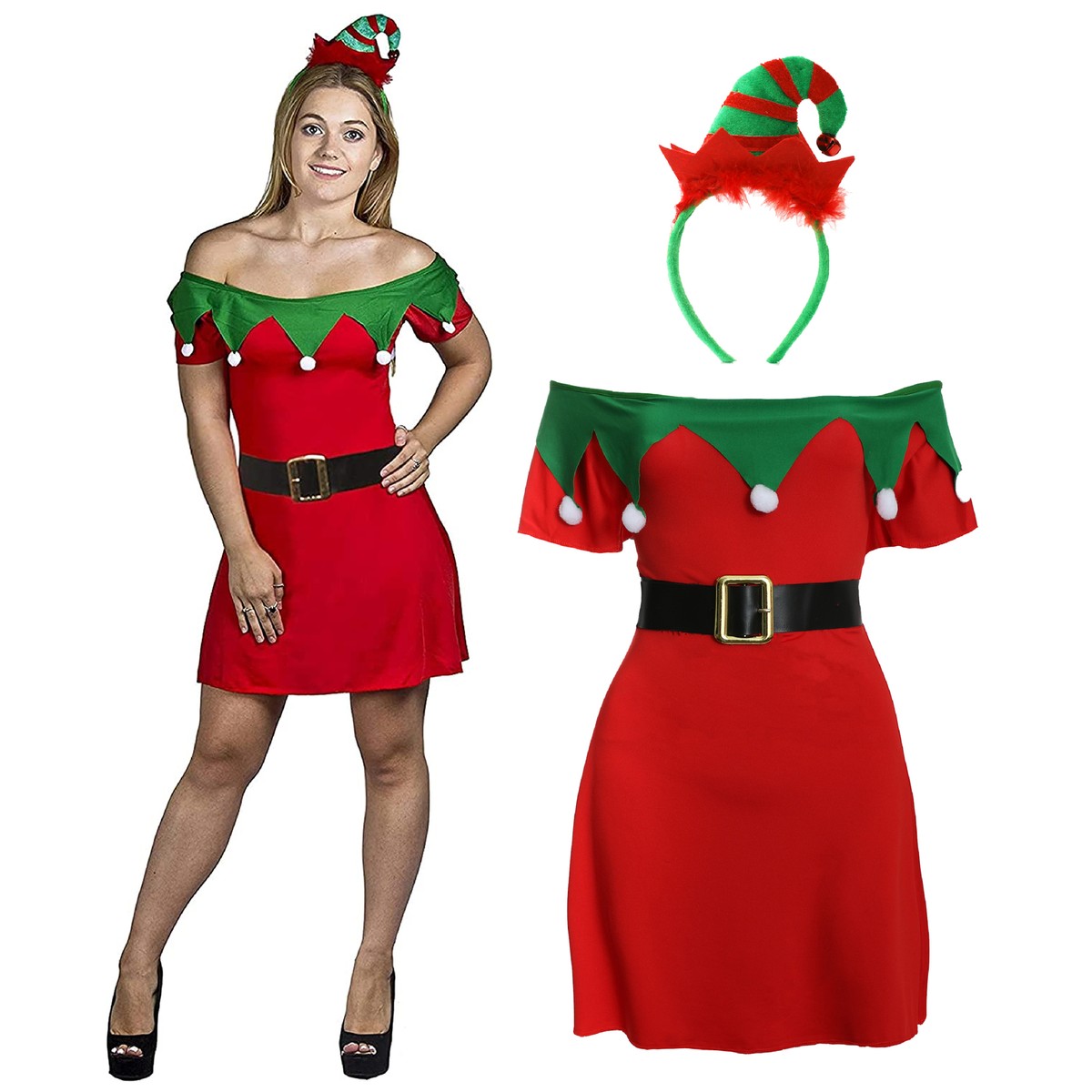 ADULTS ELF DRESS COSTUME CHRISTMAS RED GREEN SANTAS HELPER