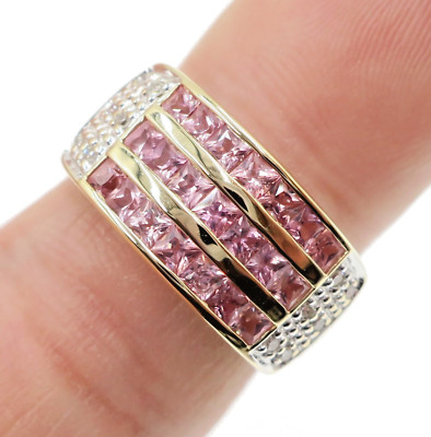 Fabelhaftes 14k massives Gelbgold natürlicher rosa Saphir und Diamant 3-reihiges Band 6,25