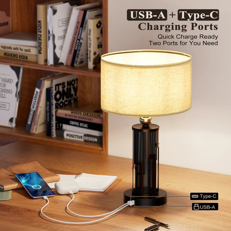 Bedside Desk Lamp Dimmable Touch Control Drum Shade Table Lamp LED Bronze Finish - Image 3 of 4