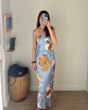 NWT $278 Reformation Joanne Silk Dress Hyperion Blue Abstract Strapless Midi 10