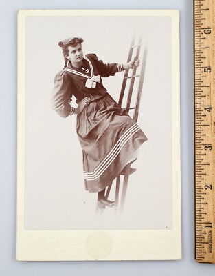 Original Vintage Cabinet Card British Naval Dress Woman on Studio Jacob's Ladder