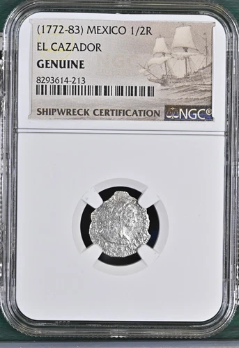 1772-1783 Mexico 1/2 Real El Cazador Silver Shipwreck Coin NGC Graded #213