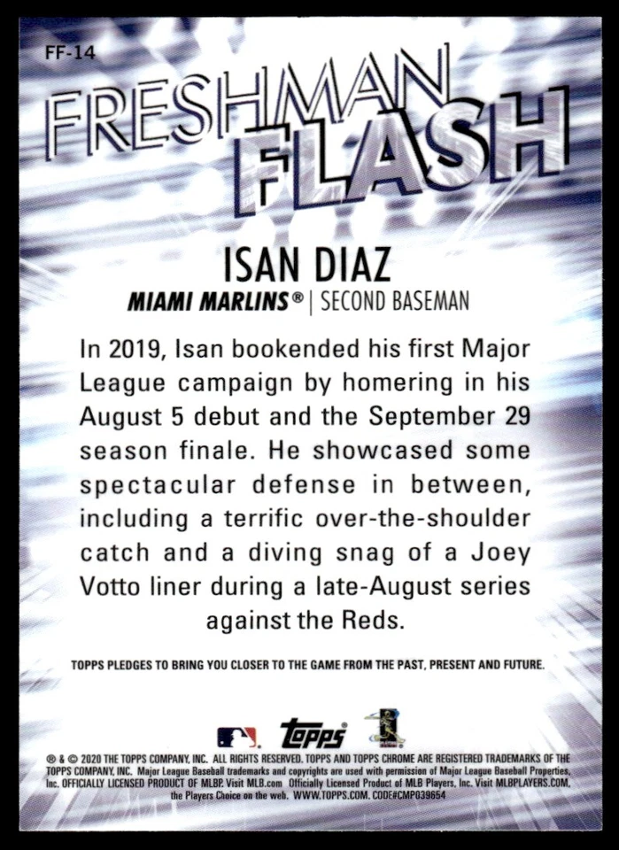 2020 Topps Chrome Freshman Flash Isan Diaz R43 Miami Marlins #FF-14 - Image 2 of 2