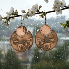 Copper Earrings Flora Fauna Bumblebee Hand Etched Antique Patina Dangle