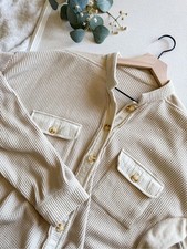 Beige Waffle Knit Button Down Shacket Utility...