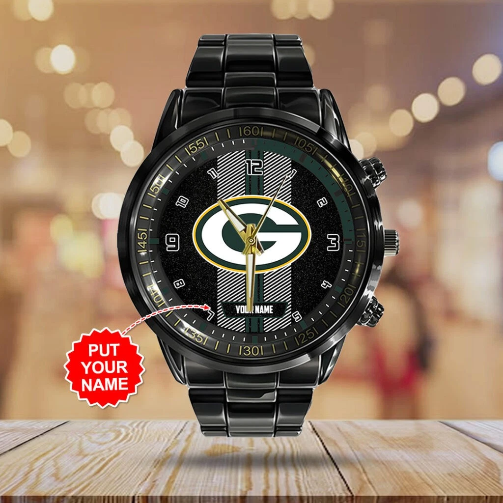Personalized Packers Black Stainless Steel Watch