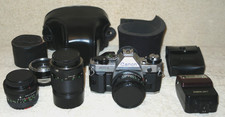 Canon AE-1 Program 35mm SLR Film Camera BUNDLE, 3 Lenses, Flash, Cases - Nice